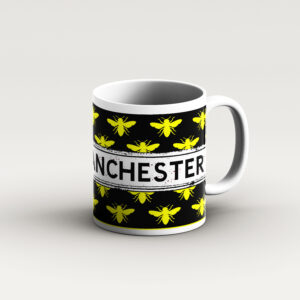 yellow bee on black mug